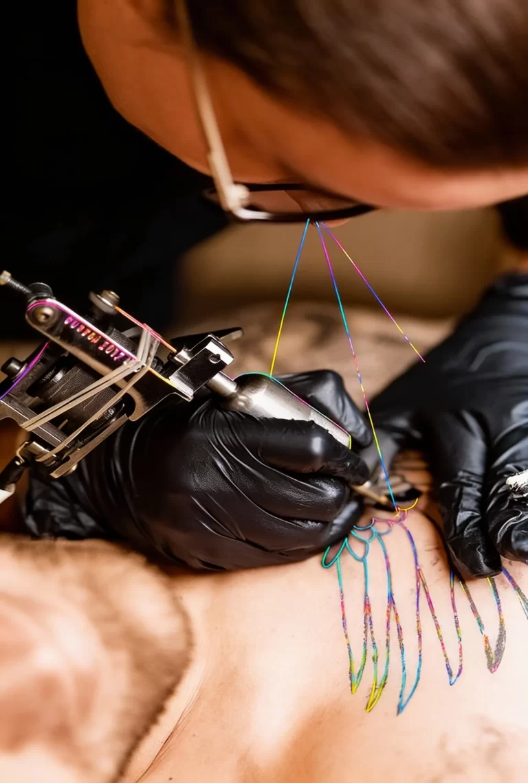 Tatuador trabajando un tatuaje a color en la clavícula de un cliente